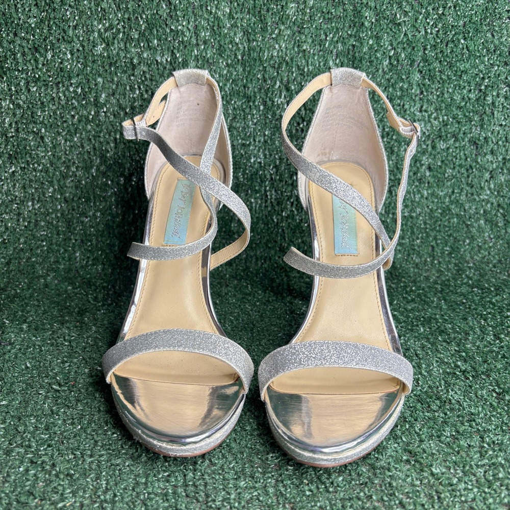 Betsey Johnson Andi Glitter Strappy Stiletto Evening Sandals Silver Womens Sz 8M